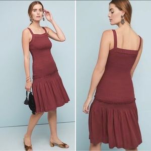 Anthropologie Escondido Wine Red Drop Waist Smocked Rayon 44" Dress Size M